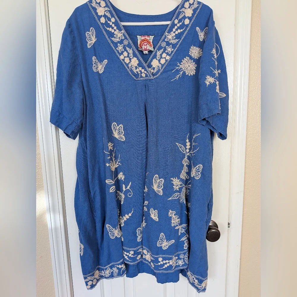 Embroidered Blue Women's Linen Dress - Picture 2 of 2